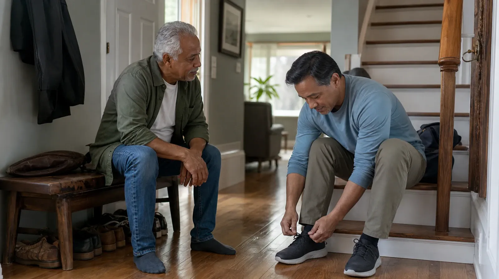 An adult ties a shoe on a low home step · Returning Home After Treatment for Young Adults