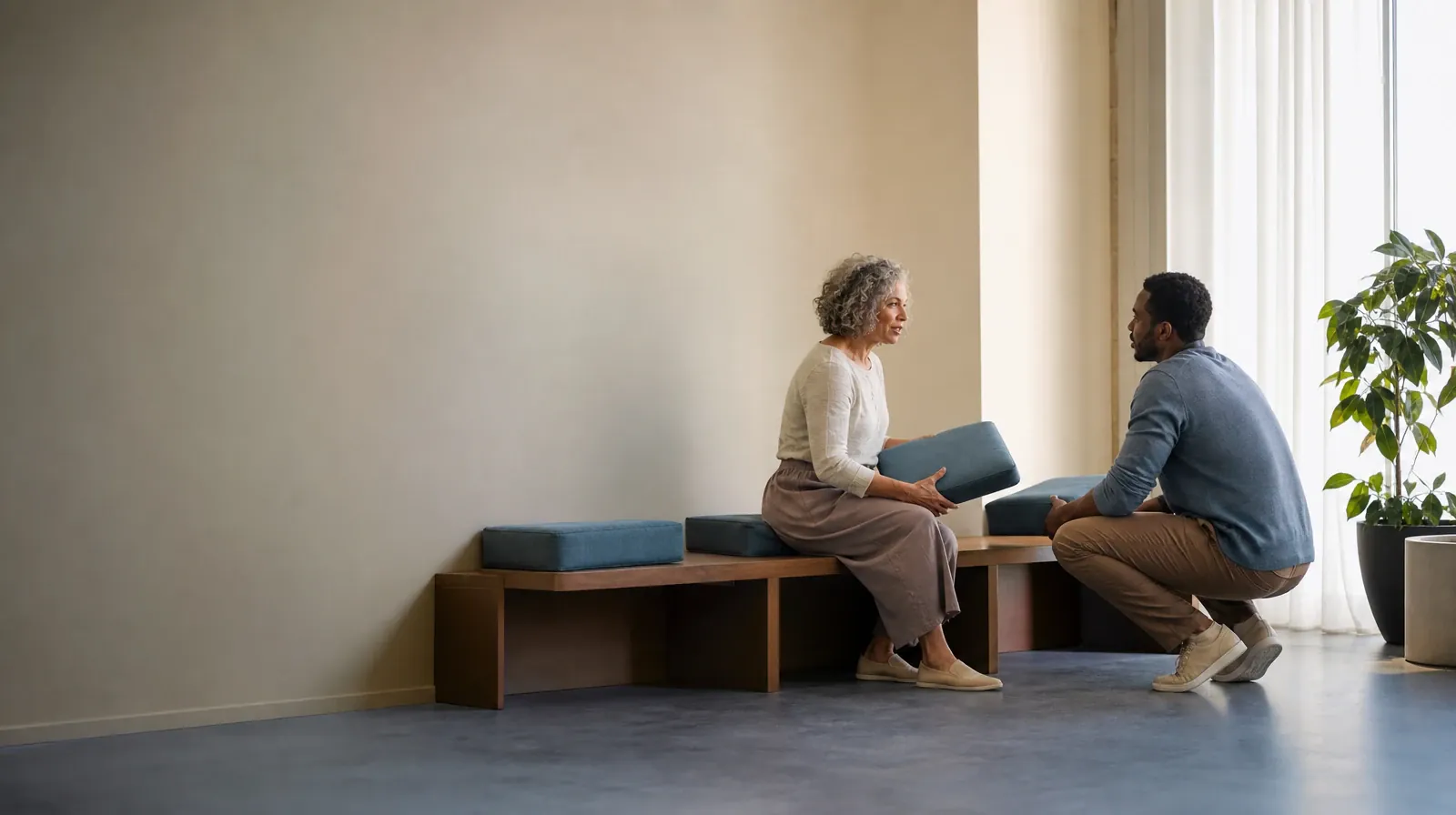 Two adults pause while arranging cushions on a bench · Building a Support Network for Young adults 18+ in South Florida