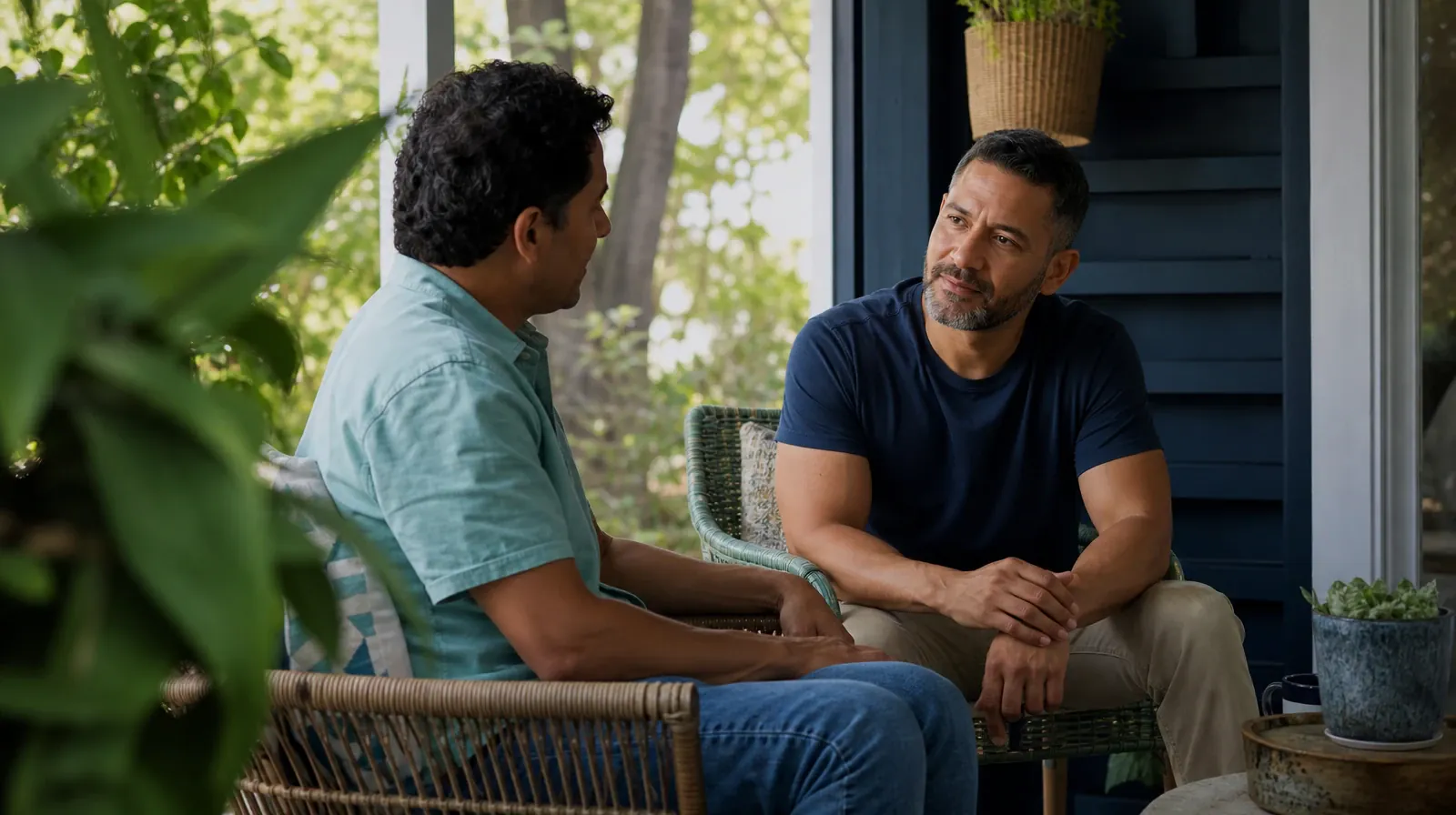 Two men talking in chairs on a shaded porch, accompanying Alcohol Addiction Treatment in Miramar, FL